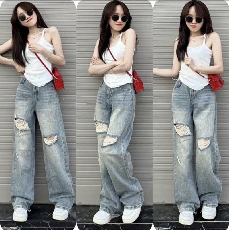 Product Introduction of Quần Jean Nữ Ống Rộng Lưng Cao Nâng Mông Rách Gối S-5644 - Chất liệu bò xanh bạc , không nhăn, che khuyết điểm và tôn lên vòng 3 - Ong, Women 5