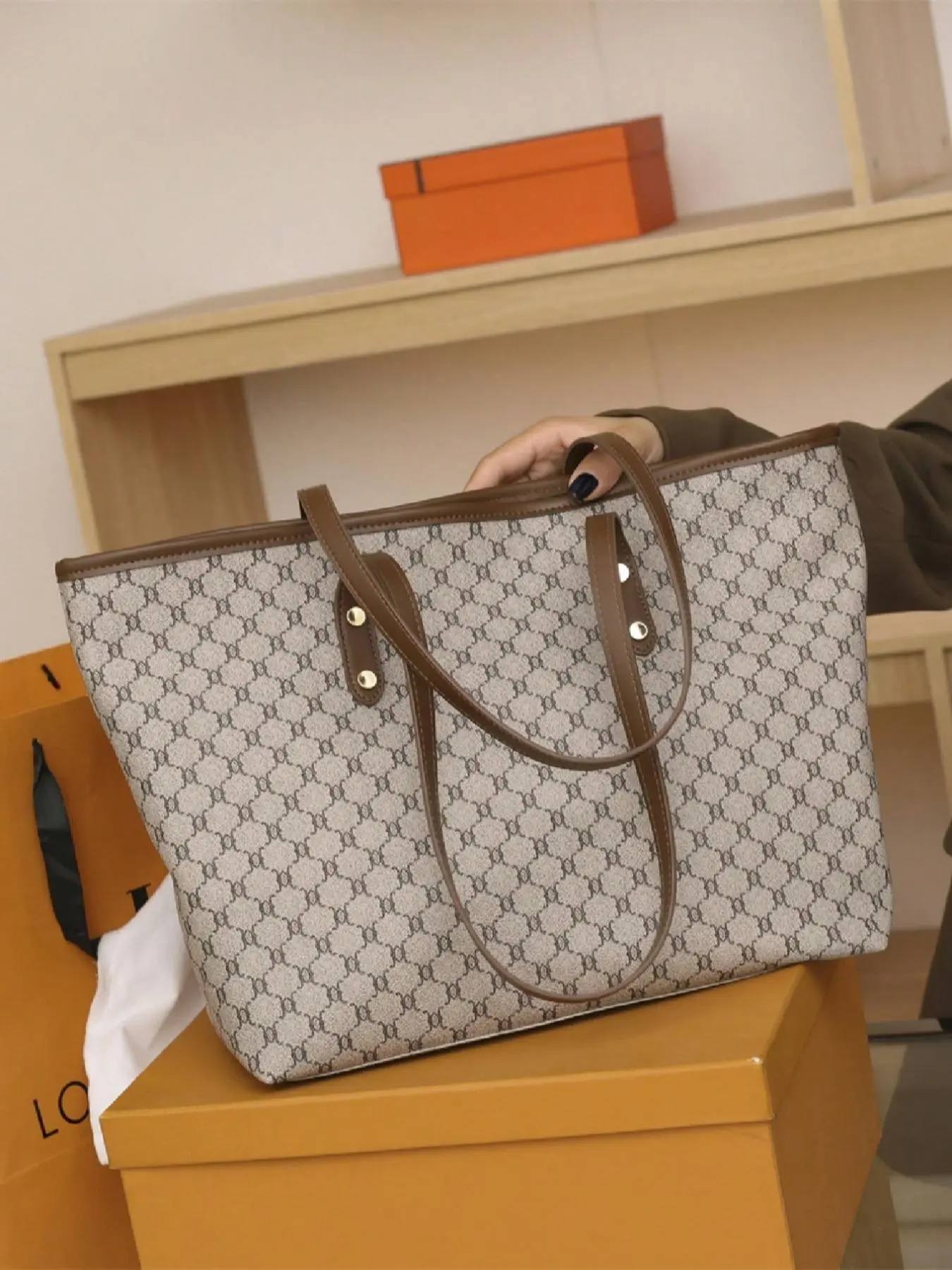 Fashion All Over Presbyopia Pattern Tote Bag, Casual Versatile PU Leather Zipper Shoulder Bag for Women, Trendy Commuter Handbag for Daily Used, Beach Bag