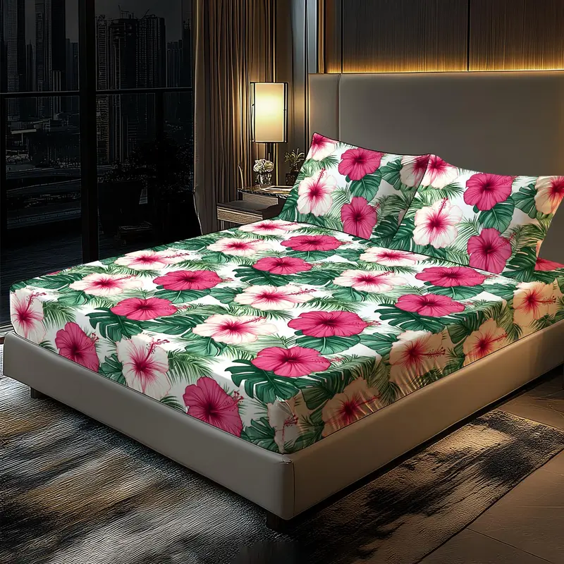 Floral Print Bed Set, 2/3 Counts/set Including 1 Fitted Sheet & 1/2 Pillowcases without Filler, Soft Comfortable Breathable Bedding Supplies for Home 2