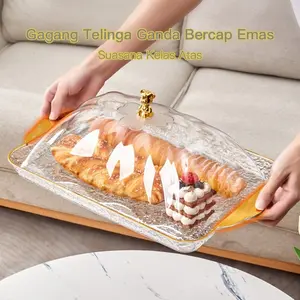 【COD】Set Nampan dan Tutup Roti Emas Mewah Aesthetic - Wadah Saji Kotak Roti dan Kue Tempat Penyimpanan Roti Tempat Saji Estetik