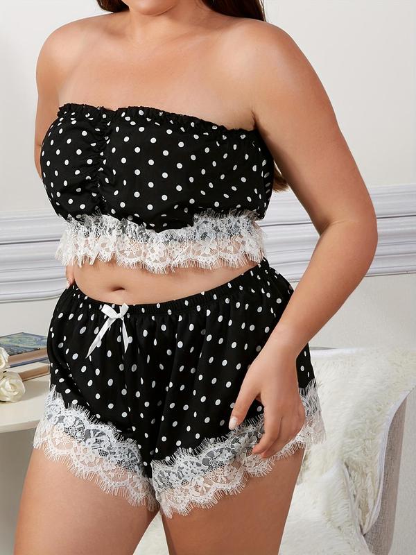 Plus Size Two-piece Set Polka Dot Print Contrast Lace Pyjama Set, Fashion Ruched Tube Top & Bow Front Shorts, Women's Two-piece Sleepwear Set for Summer 7