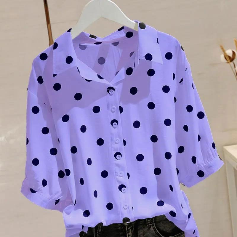 Product Introduction of Kemeja Polka Dot, Lengan Separuh, Untuk Wanita, Longgar, Saiz Besar, Pelangsingan Badan, Serba guna, Gaya Pullover Perancis, Baju Nipis, Fesyen, Musim Bunga dan Musim Panas 2024 Ketibaan Baru 7
