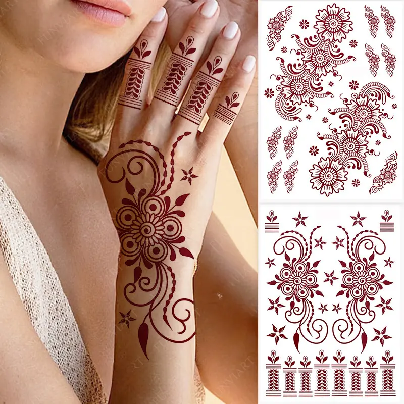 Brown Henna Hand Tattoos Stickers for Women Bride Waterproof Temporary Tattoo Stickers Fake Tattoo Wedding Festival Body Art Tattoo