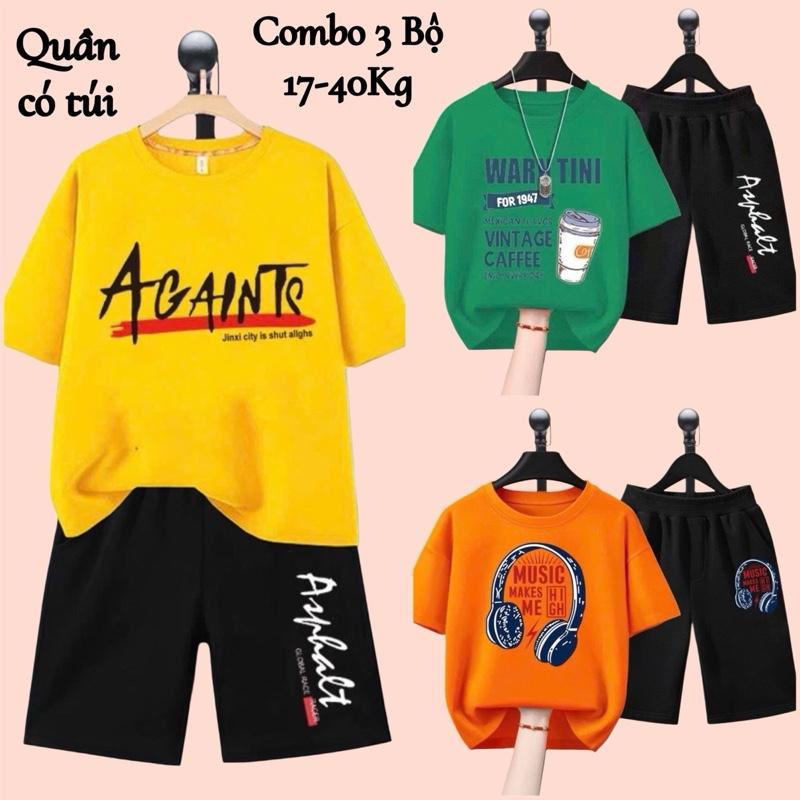 Combo 3 Bộ quần áo bé trai mùa hè size đại từ 17 đến 40kg, chất thun co giãn, mềm mát, phong cách Hàn Quốc cho bé trai từ 5 đến 14 tuổi, dáng quần đùi áo cộc tay thể thao. đồ