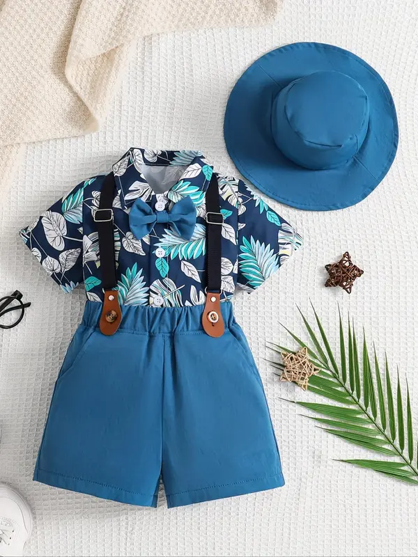 Toddler Boy's Leaf Print Short Sleeve Shirt & Suspender Shorts & Tie & Hat & Sunglasses Set, Summer Clothes for Kids 0