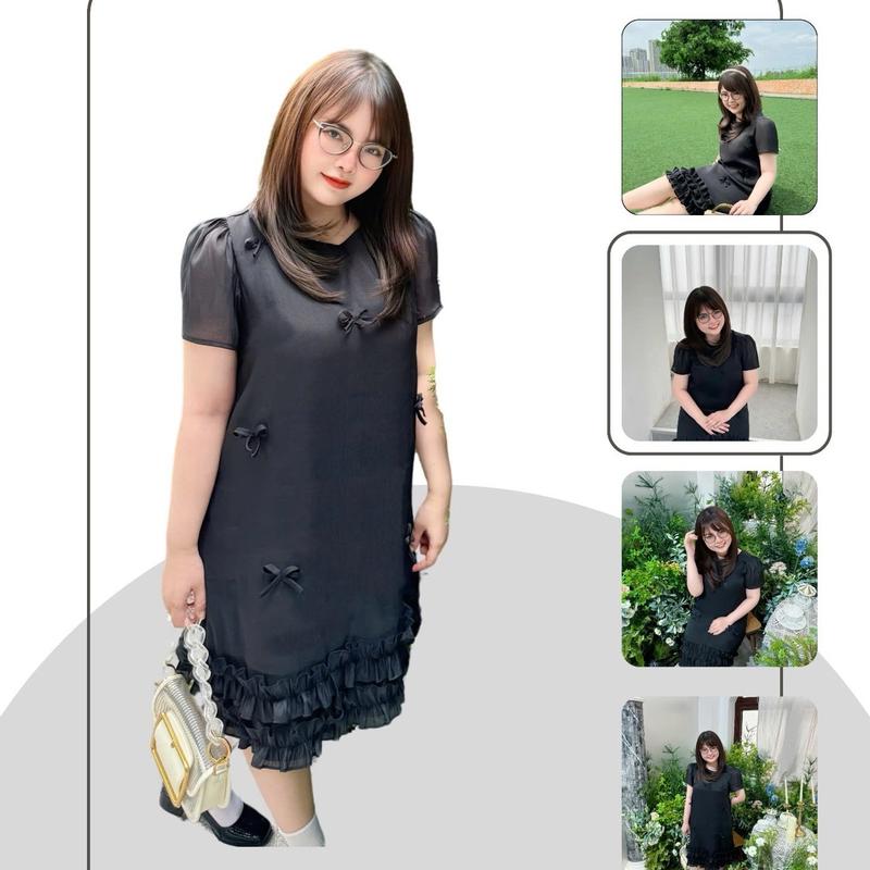 Đầm suông nhún bèo 2 tầng, váy đầm suông tay bồng 2 lớp chất liệu tơ cao cấp Lasime Clothes Nữ Women 1