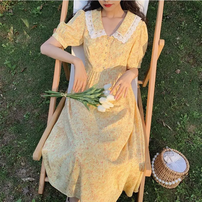 Women's Chiffon Dress 2024 Summer New French Artistic Retro Waist-Controlled Slimming Elegant Floral Long Dress