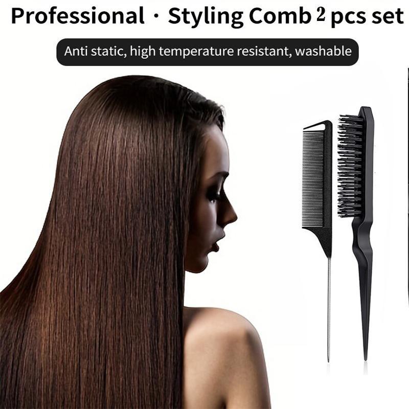 2pcs Comb Set, Pointy Tail Fine Tooth Comb And Bristle Fluffy Styling Comb with Anti Slip Handle Set, Hairdressing Comb For Women 7