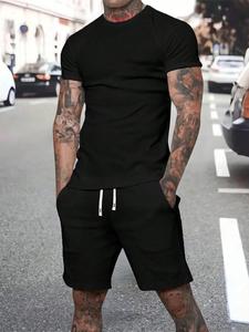Men's Solid Short Sleeve Tee & Drawstring Waist Shorts Set, Casual Round Neck T-shirt & Pocket Shorts, Men's Summer Clothes