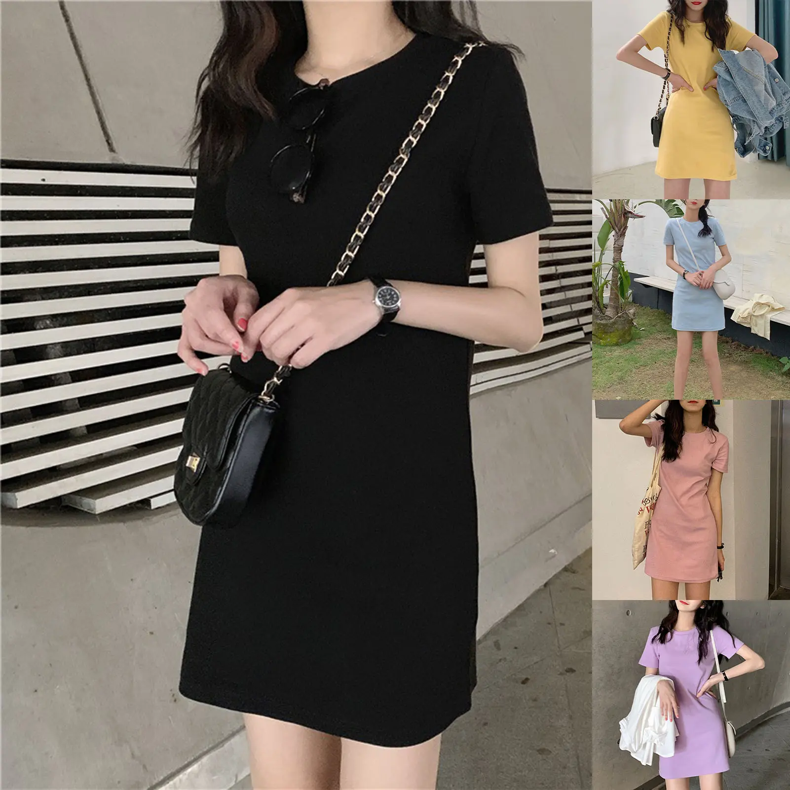 [LOY] Women Dress Solid Color Simple Summer O Neck Short Sleeve Skirt for Dating