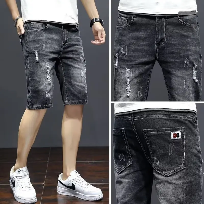 Quần Short Denim, Mỏng Mùa Hè, Co Giãn, Ngoại Cỡ, Rách, Thẳng Mỏng, Quần Cropped Trẻ Trung, Quần Thường Ngày Cho Nam Menswear Tre Jean Có Túi Màu Đen Pants
