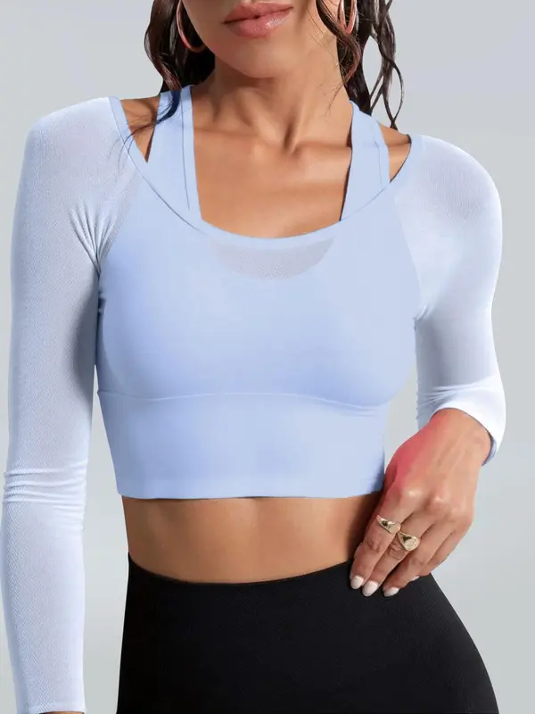 Women's Solid Color Sports Top, Sporty Long Sleeve Crop Top with Removable Chest Pad, Ladies Sportswear for Indoor Outdoor Wear 6