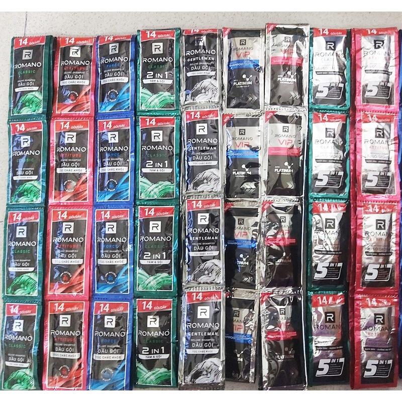  Set 48 gói dầu gội Romano 5g  Xanh lá - Xanh dương - Đỏ - đen - 5in1  