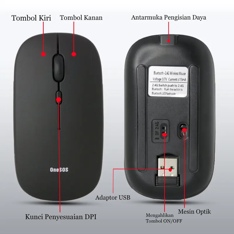 ONESOS Mouse Bluetooth 2.4G Silent Klik dengan Receiver USB untuk PC Laptop Dan Ponsel 4