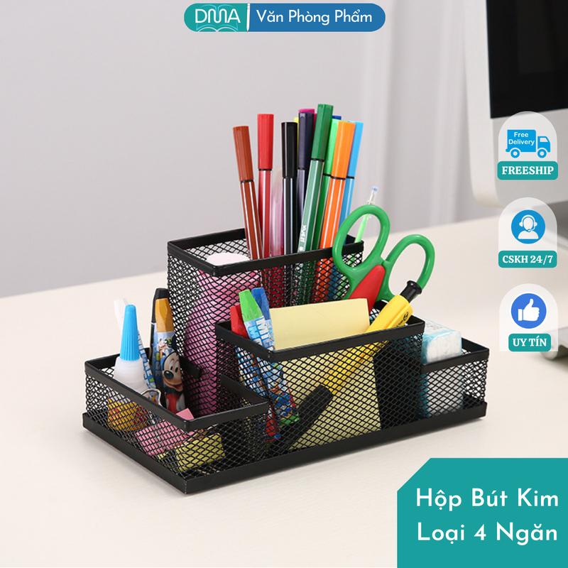 Hộp đựng bút 4 ngăn Kim Loại để bàn, ống bút, khay đựng bút, dụng cụ học tập, văn phòng phẩm ngăn nắp tiện ích