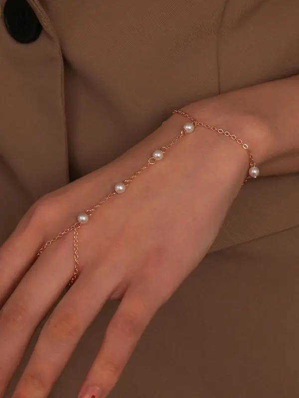Faux Pearl Decorated Ring Linked Bracelet, Adjustable Fashion Accessories for Women & Girls, Matching Bracelet for Party, Daily Clothing Decor, Trendy Cool Female Accessories for Birthday Gift 2