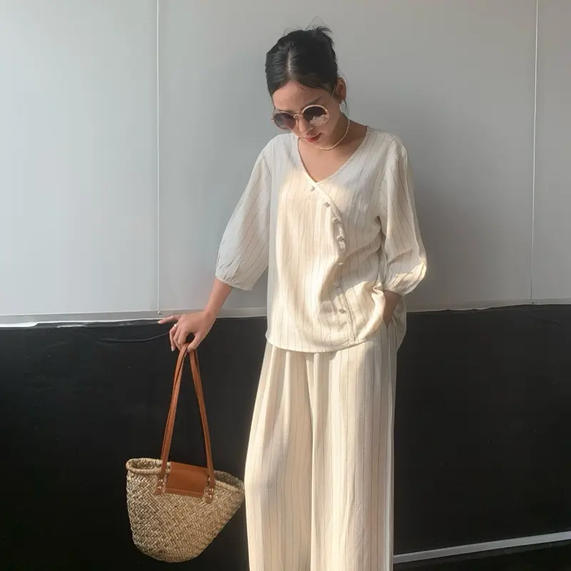 Set bộ nữ áo tay lỡ và quần ống rộng chất Linen Bambo-Thái ( Ms 08)-XưởngNhàÚt