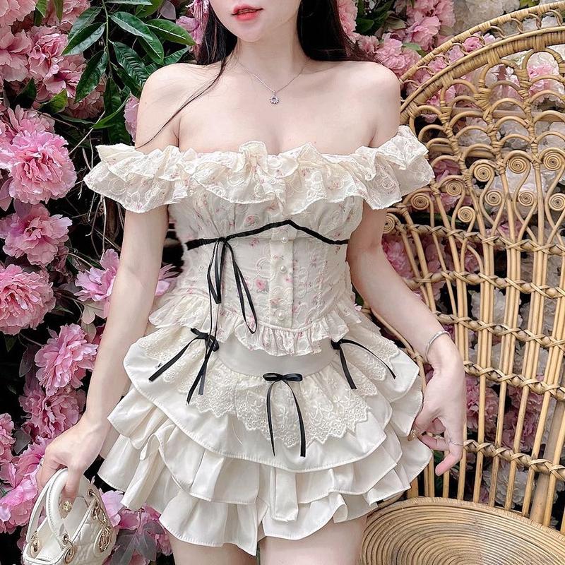 Set Áo Thô Ren Bèo Trễ Vai + Chân Váy Thô Nơ Tiểu Thư Pl28, tôn dáng nữ tính , 38-53kg,sz S/M (ảnh thật) Women Sen