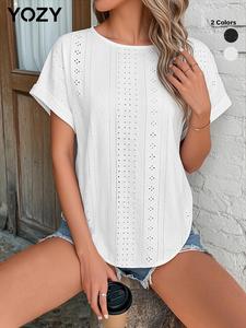 YOZY Women's Plain Hollow Out Tee, Casual Boho Short Sleeve T-shirt for Daily Wear, Ladies Clothes for All Seasons, Top