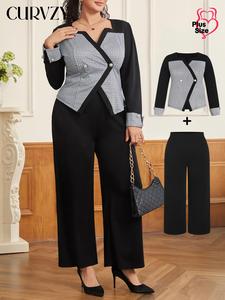 CURVZY Plus Size Two-Piece Set All Over Print Button Front Blazer & Solid Pocket Pants, Casual Long Sleeve Outerwear & Pants for Work Office Business, Women's Clothes for Spring & Fall
