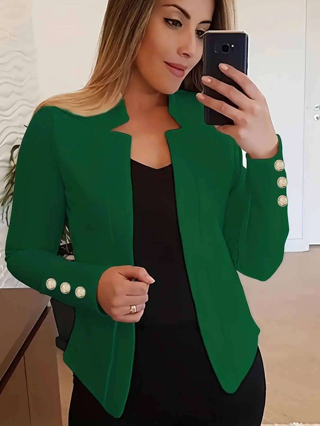 【Plus Size】Solid Fake Buttons Open Front Jacket, Elegant Long Sleeve Outerwear for Fall & Winter, Women's Clothes for Daily Wear
