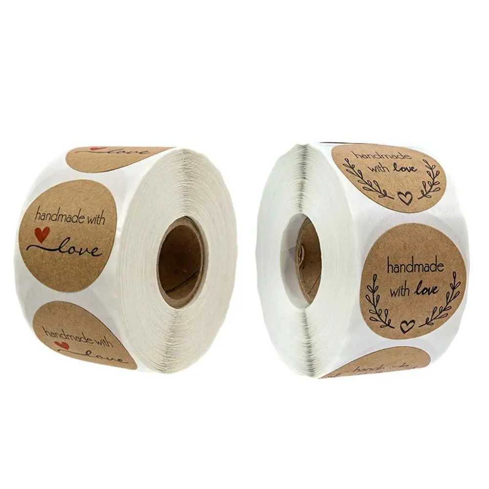 1 Roll of 500pcs Round Kraft Handmade with Love Stickers