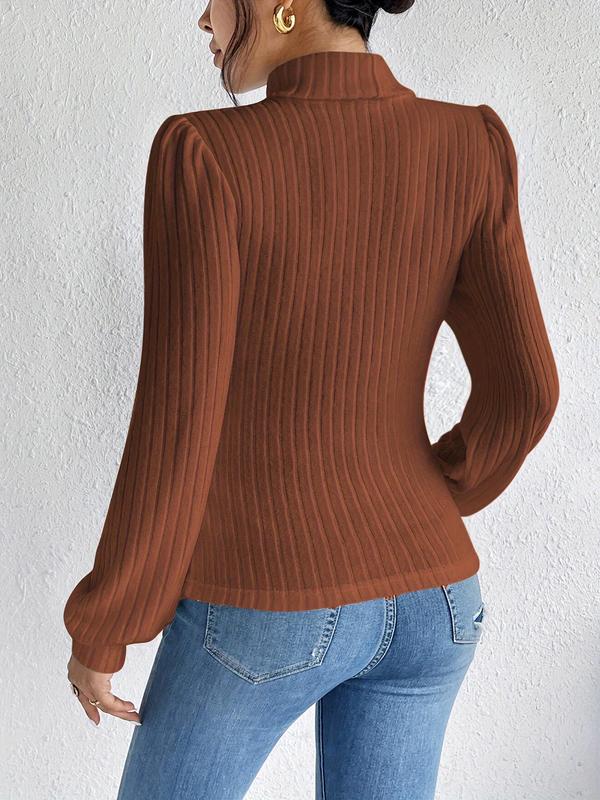 Women's Plain Bishop Sleeve High Neck Knit Top, Casual Long Sleeve Ribbed Knitwear for Fall & Winter, Women's Knit Clothing for Daily Wear 4