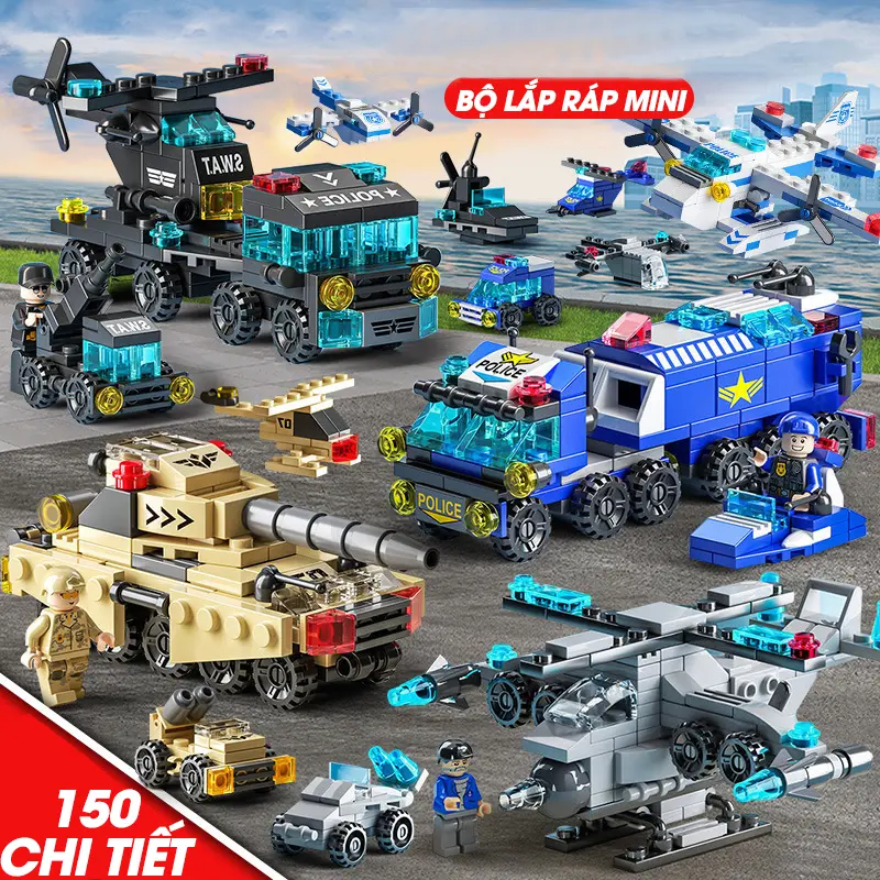 Tháo Lắp Đồ chơi lắp ráp mini 150 chi tiết Bộ Lắp Ráp hơn 10 chủ đề khác nhau Toy phù hợp bé trai bé gái Xếp Hình mô hình xe cảnh sát xe tăng máy bay