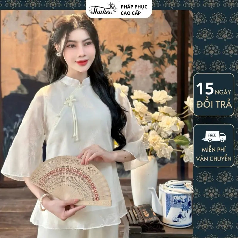 (MA50) Pháp phục đi chùa THUKEO mẫu tơ in 2 lớp mềm mịn cổ tàu thanh lịch Women Nữ 6
