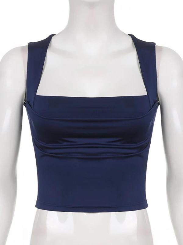 Women's Summer Plain Ruched Square Neck Crop Tank Top, Lady Summer Clothes, Classy Casual Sleeveless Cropped Top for Summer, Ladies Clothes for Daily Wear, Womenswear 1
