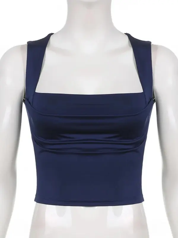 Women's Summer Plain Ruched Square Neck Crop Tank Top, Lady Summer Clothes, Classy Casual Sleeveless Cropped Top for Summer, Ladies Clothes for Daily Wear, Womenswear 1