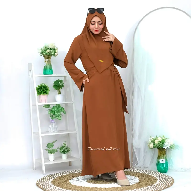 Abaya turkey remaja set hijab bahan crinkle airflow baju gamis abaya lebaran terbaru 2024 6