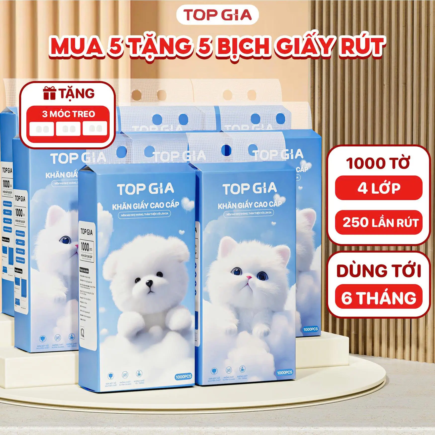 [Hn_Hcm] Mua 5 Tặng 5 Bịch Khăn Giấy Cao Cấp Gia Gia Topgia 4 Lớp Mềm Mịn, An Toàn Cho Da + Tặng Kèm 3 Móc Treo