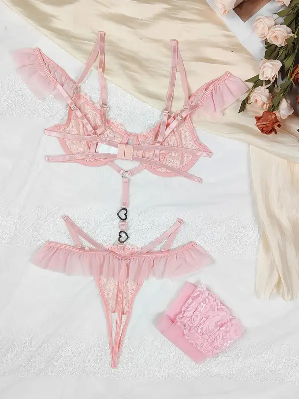 Women's Lace Sexy Lingerie Three-piece Set, Solid Color Push Up Bra & Thong & Stocking, Lingerie Set for Women 7