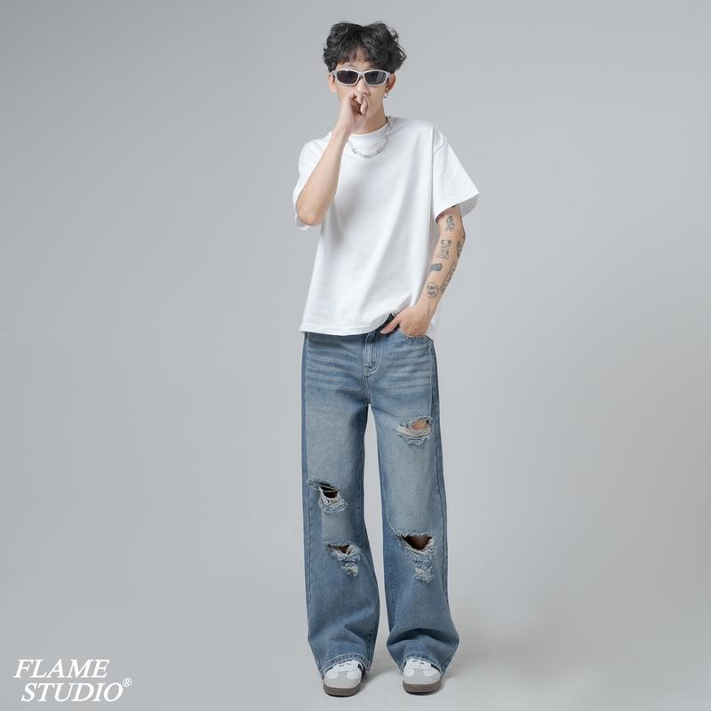 " RIPPED BLUE “ BAGGY DENIM - QUẦN BAGGY NAM MÀU XANH RÁCH Menswear jeans  suong 5
