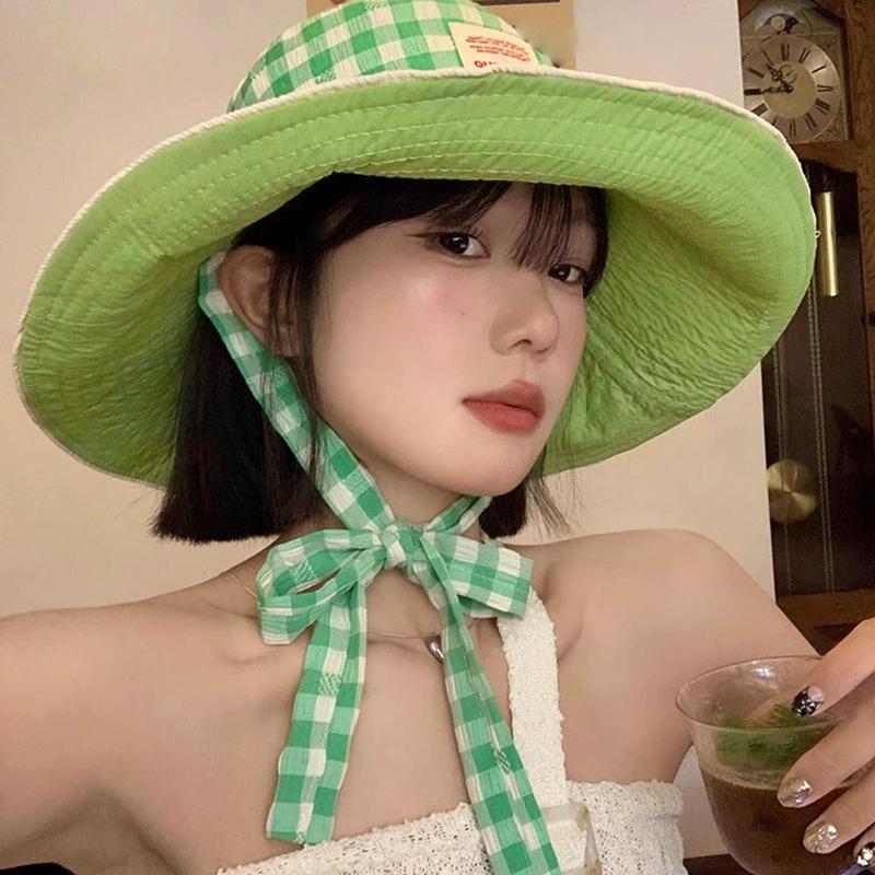 Mũ Ngư Dân, Phong Cách Hàn Quốc, Thiết Kế Kẻ Sọc, Rộng Vành, Cà Vạt, Dành Cho Phụ Nữ, Thích Hợp Cho Mùa Hè, Vành Lớn, Mũ Chống Nắng, Có Thể Điều Chỉnh, Mũ Đi Biển 2