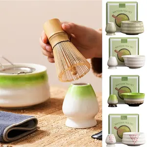 Paket Lengkap Matcha Tea Maker/ Matcha Bowl Bamboo Whisk Chasen Brush Chashaku/Set Mangkuk Dan Dudukan Chasen Bahan Keramik Glossy