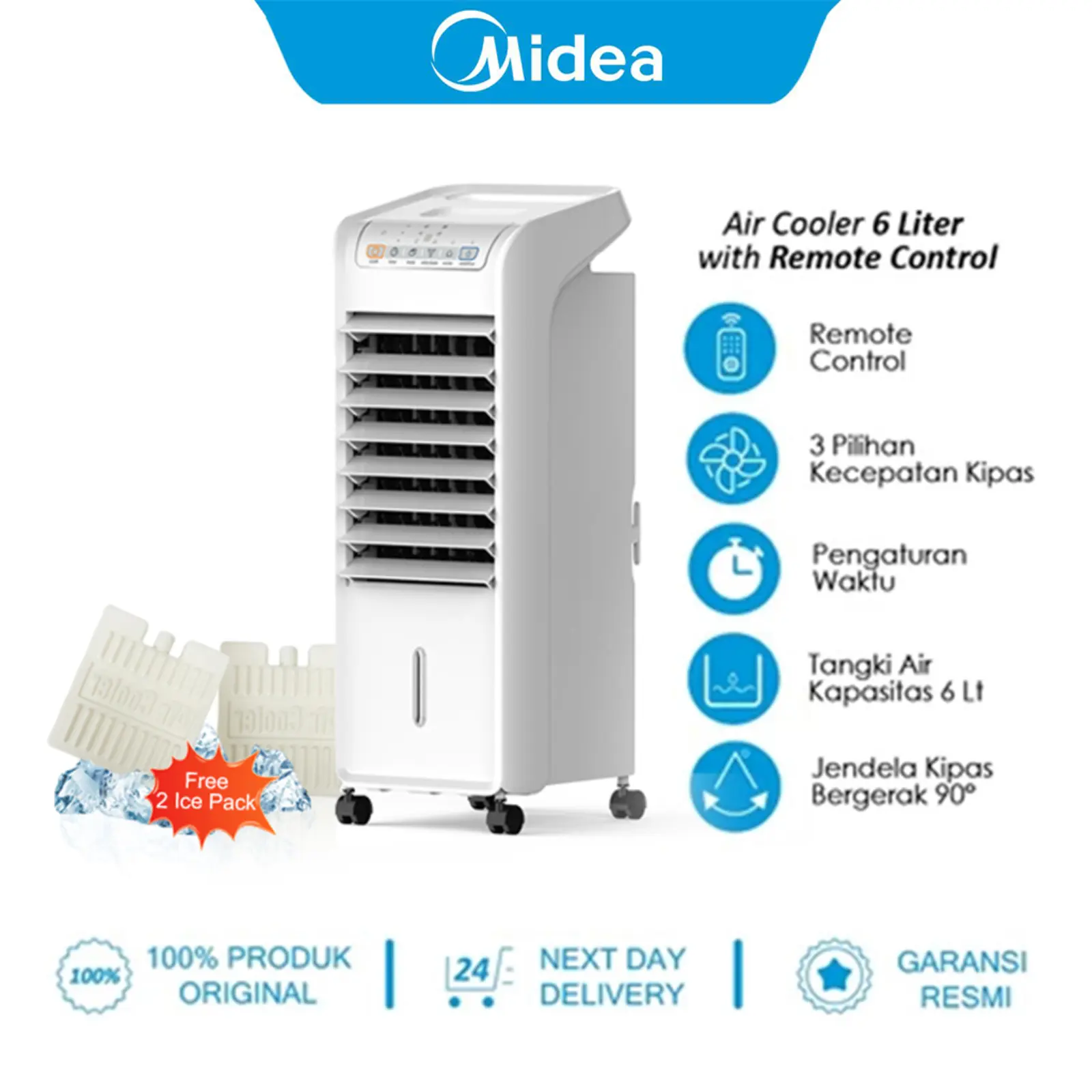 Midea Air Cooler 6 Liter AC100-A Timer 7 Jam Penyejuk Udara Remote Control