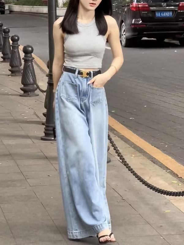 Product Introduction of Tiktok Shop-Large Size Super Wide Leg Denim Culotte Women's Summer New Loose High Waist Slimming Design Light Color Bell-Bottoms Tide Jeans Lingerie Lady Pants Trouser Streetwear Basic Minimalist Comfort 3