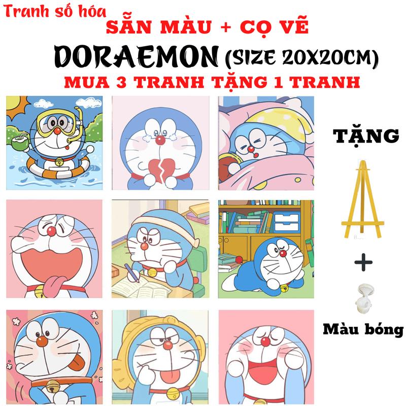Product Introduction of Tranh tô màu theo số hoạt hình Doreamon kích cỡ 20x20cm đã căng sẵn khung, Mua 1 tranh Tặng 1 kệ để tranh, 1 màu bóng, màu tô, cọ vẽ, móc treo tranh, mua 3 tranh tặng 1 tranh, tặng 4 kệ gỗ, 4 màu bóng 4
