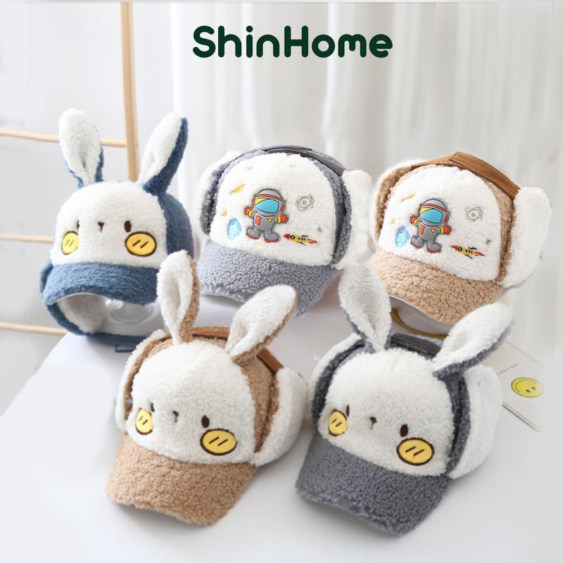 Mũ len lưỡi trai trẻ em, mũ lưỡi trai cho bé lông cừu có bịt tai 2-6 tuổi - tai thỏ
