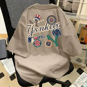 Kaos Lengan Pendek Gaya Baseball Retro Amerika 100% Katun, Motif Lencana Dan Huruf, Longgar, Ukuran Besar, Kerah Bulat, Unisex