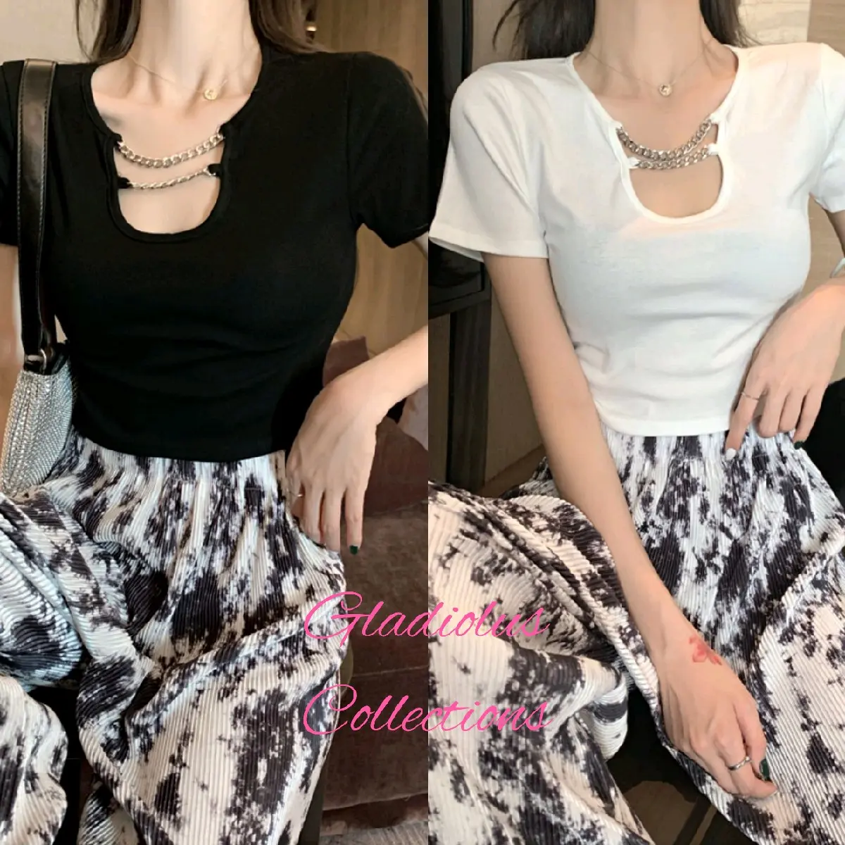 ( S - L ) Chain Crop Top Black and White Short Sleeve Atasan Hitam Putih Lengan Pendek Model Rantai
