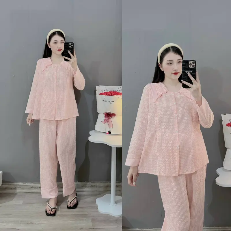 [XẢ KHO] Bộ Bầu - Bộ Sau Sinh, Chất Liệu Đũi Thái Kẻ Ô Nhỏ Cho Mẹ Bầu, Dáng Dài Cổ Nhọn 2 Lớp Có 5 Màu Mềm Mịn, Áo Có Khoá Kéo, Quần Có Chun Chỉnh Váy Bầu Đầm Bầu Dài Tay 5