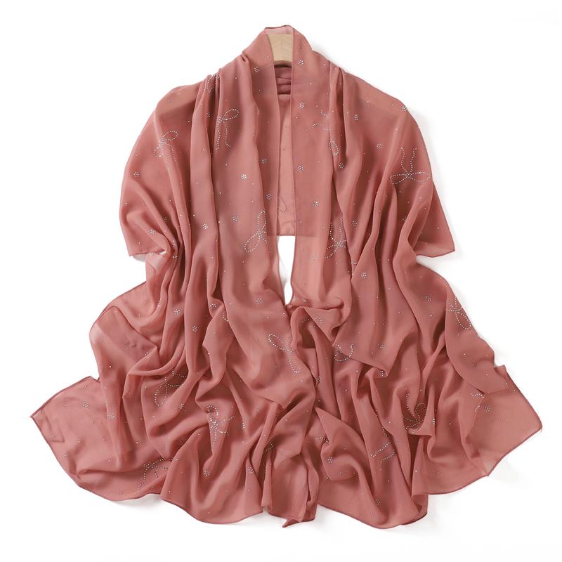 High-End Heavy Craft Bowknot Rhinestone Solid Color Chiffon Long Scarf Full Rhinestone Shawl Headscarf Cape Scarf Silk Scarf for Women 6