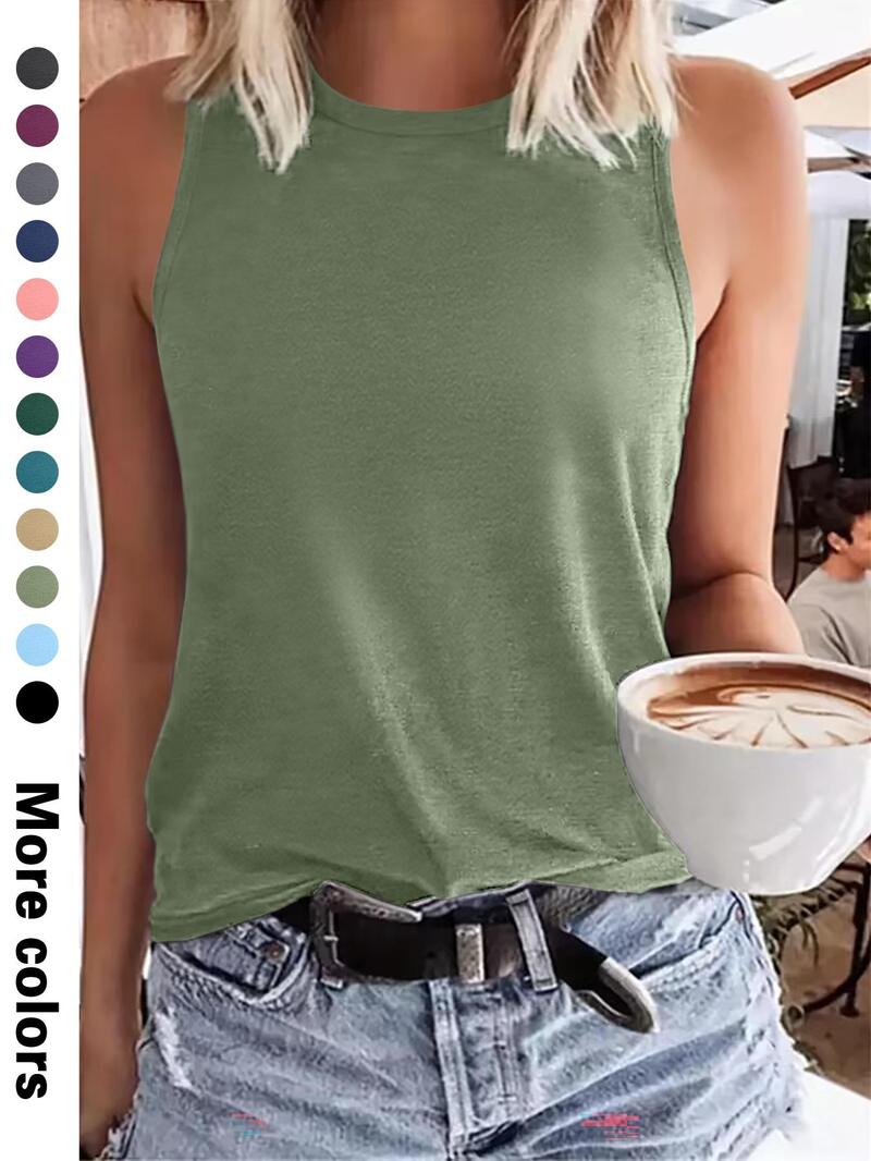 Product Introduction of Women's Plain Round Neck Tank Top, Casual Sleeveless Top for Summer, Ladies Clothes for Daily Wear, Clothing 7