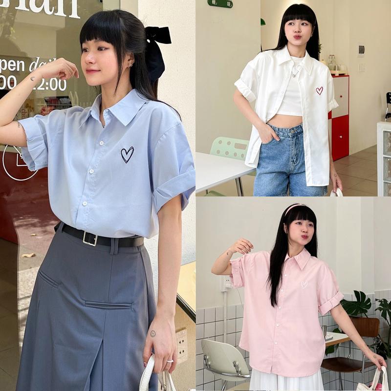 Áo sơ mi ngắn tay vạt bầu thêu trái tim đôi màu pastel Hàn Quốc Nữ Women Top Shirt Kem Trắng