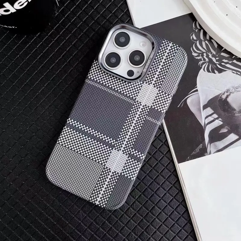 Magnetic Phone Case with Lens Holder Support Wireless Charging, 1 Count Faux Leather Phone Case, Phone Accessories for iPhone 16 15 14 13 12 Pro Max, Cover, Protector, Protective, Checkerboard 7