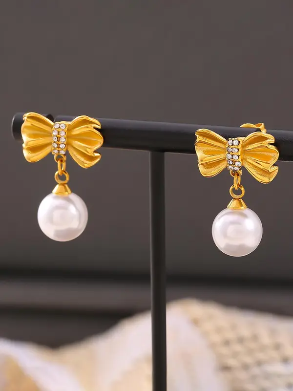 Faux Pearl & Rhinestone Decor Bow Design Dangle Earrings, Elegant Vintage Jewelry for Women, Trendy All-match & Exquisite Jewelry for Birthday Gift 2
