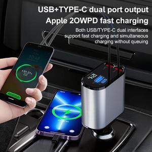 Pengecas Kereta, Pengecas Telefon Kereta Pantas 4-dalam-1, Pengecasan Super Pantas 120W, Kabel Boleh Tarik (2.6 Kaki), 2 Port USB, Aksesori, Kabel Perak